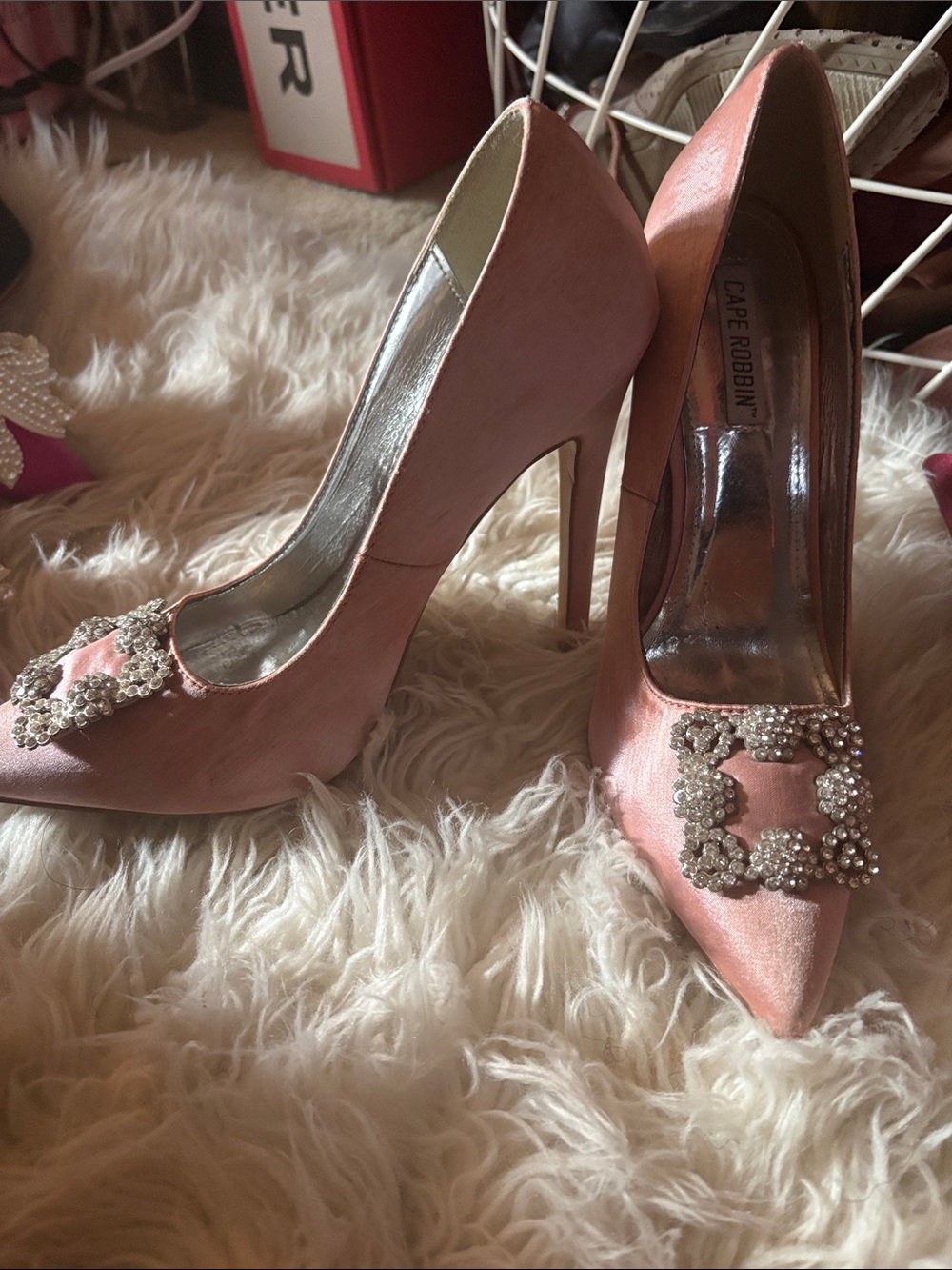 Cape Robbin Rose Pink Satin Pointed-Toe Pumps with Crystal Buckles - Picture 2 of 5
